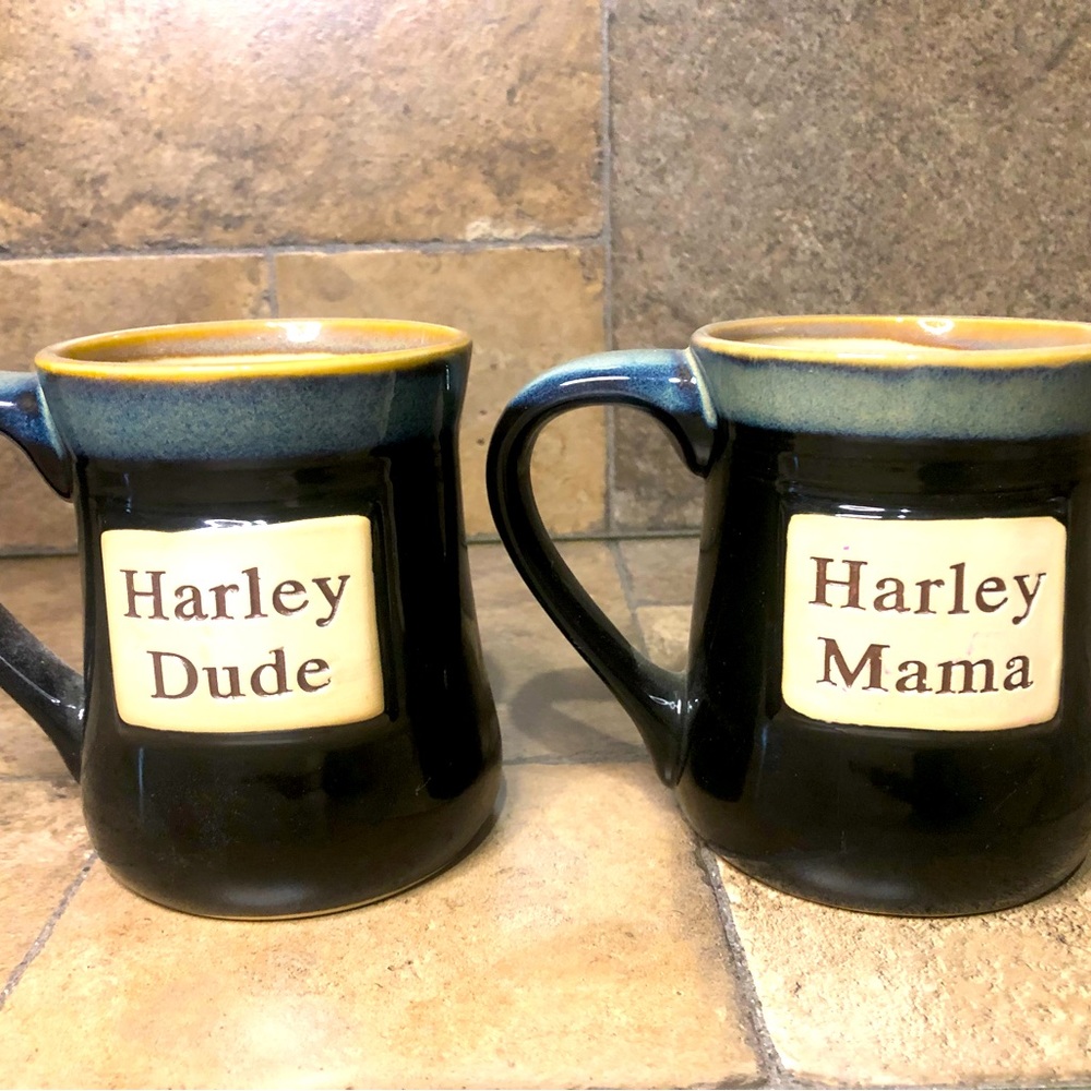 Harley Dude & Harley Mama Pottery Mug Set Blue